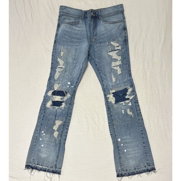 First Row Denim Knee Destroyed Slim Flare Jeans Men’s 32x33 Distressed Repaired - Picture 1 of 14